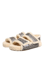 Beige Faux Fur Logo Print Flats Sandals Shoes