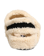 Beige Black Faux Fur Flats Men Sandals Shoes