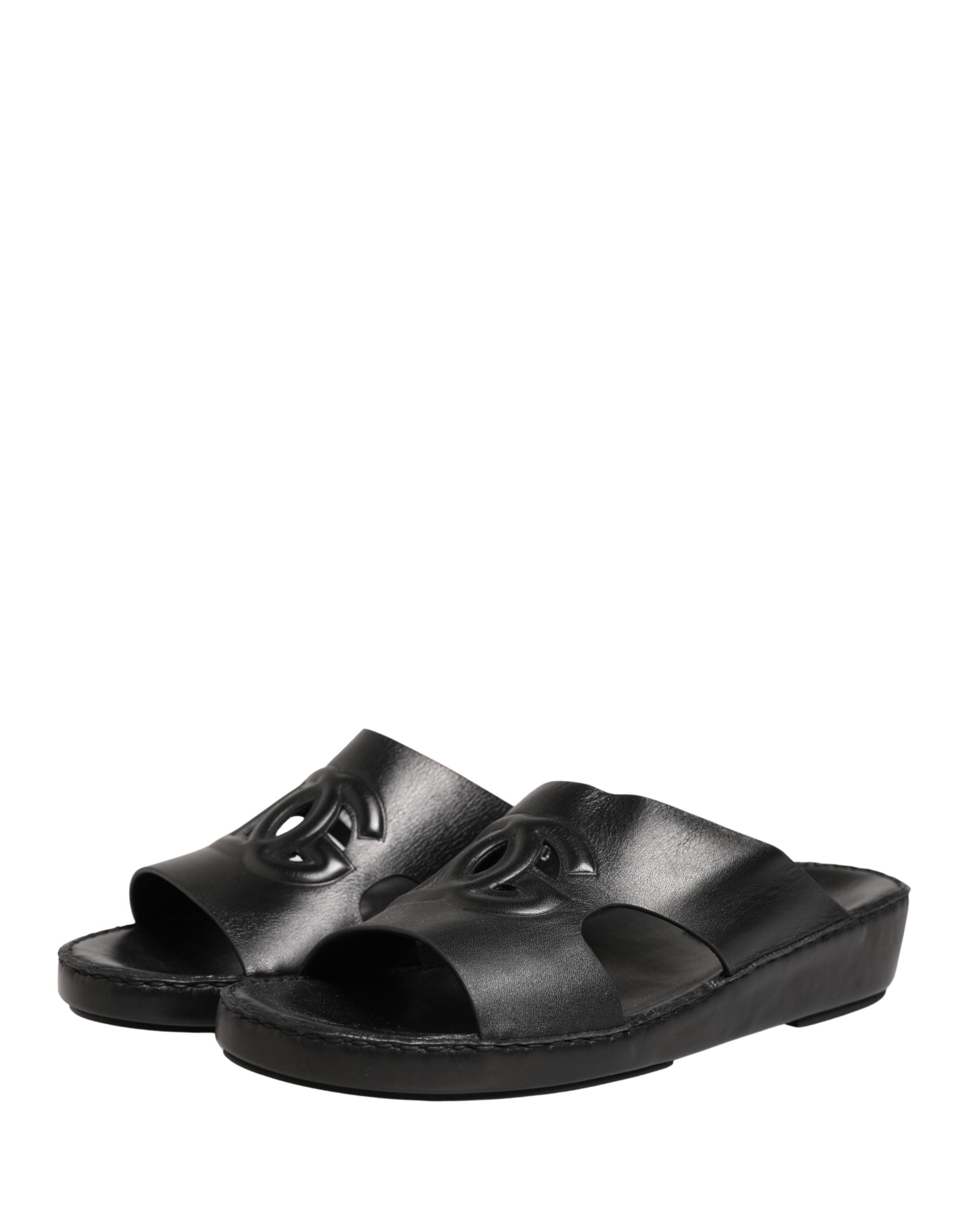 Black Leather Cutout DG Logo Sandals Shoes