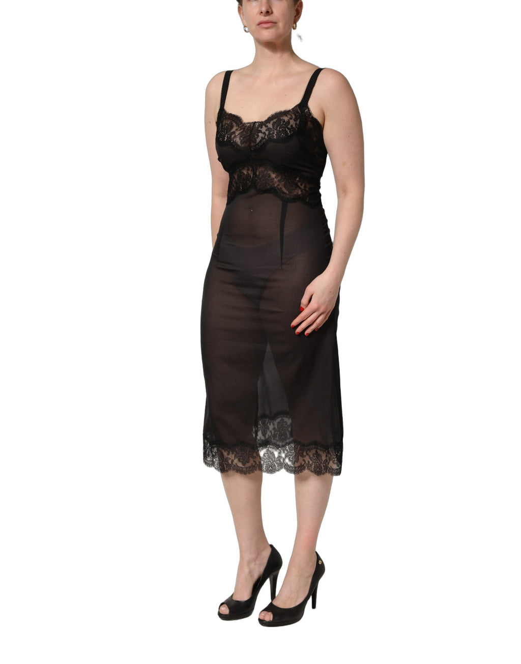 Black Silk Lace Slip Lingerie Chemise Sleepwear