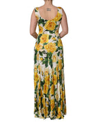 Yellow Rose Print Organzine Sleeveless Maxi Dress