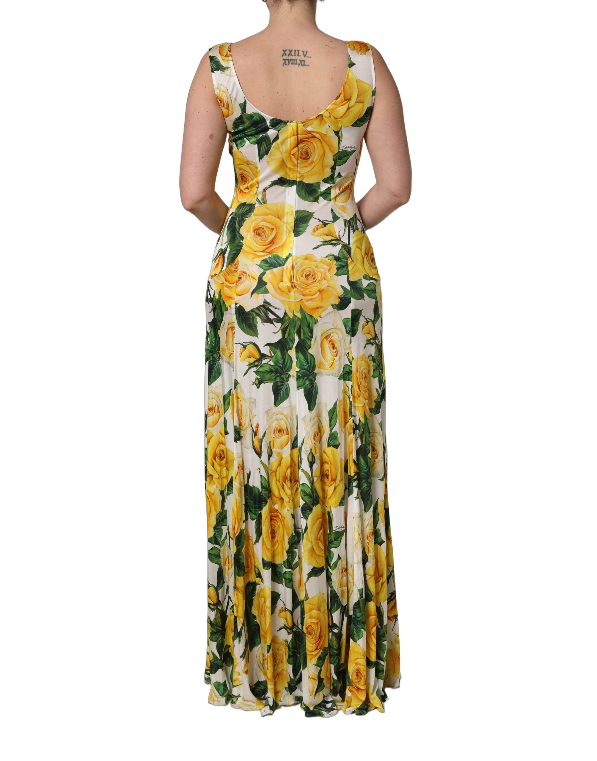 Yellow Rose Print Organzine Sleeveless Maxi Dress