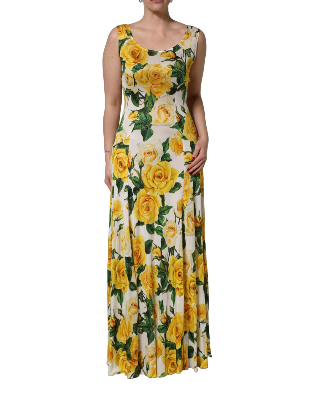 Yellow Rose Print Organzine Sleeveless Maxi Dress