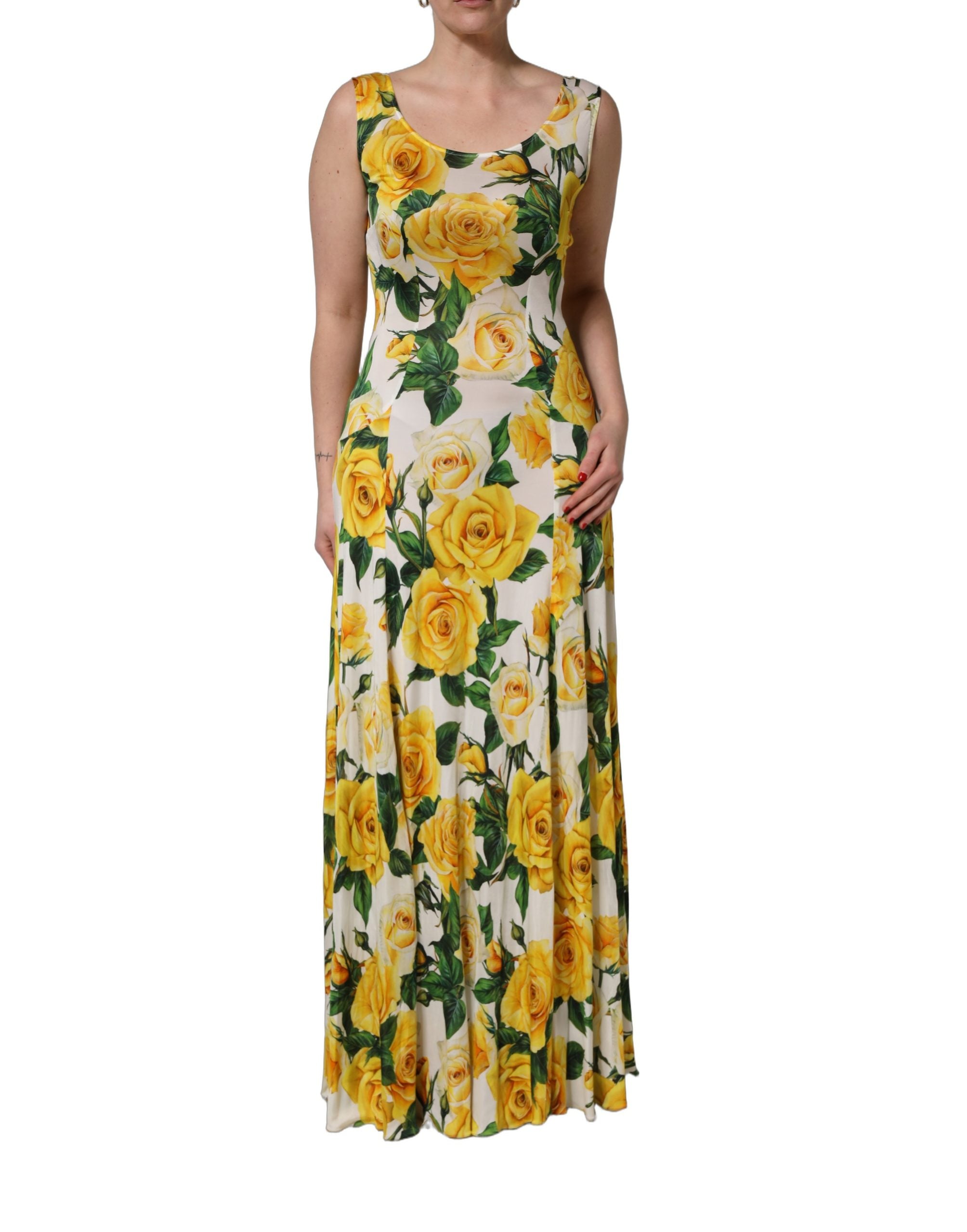 Yellow Rose Print Organzine Sleeveless Maxi Dress