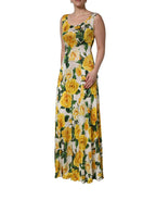 Yellow Rose Print Organzine Sleeveless Maxi Dress