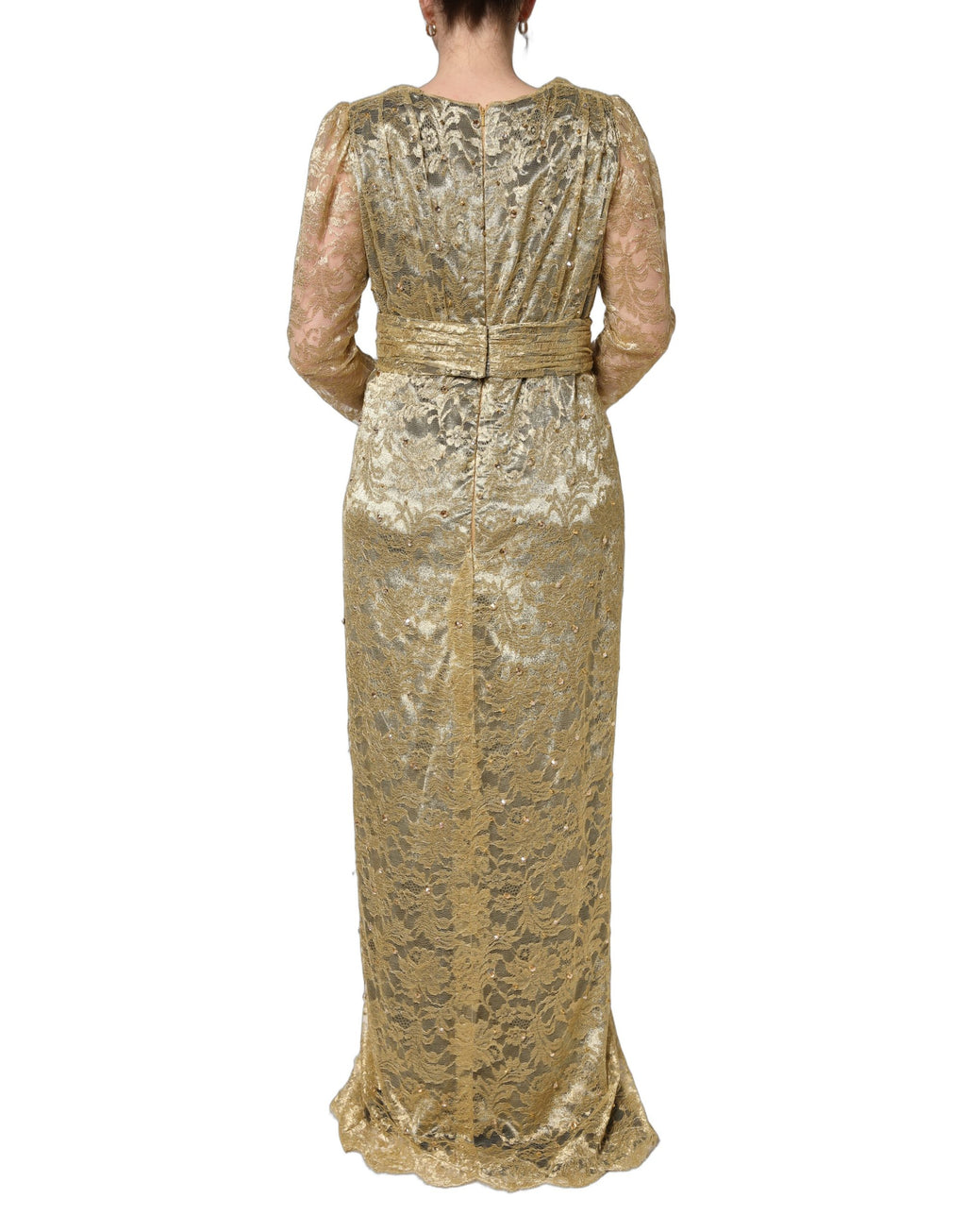 Gold Sheer Lace Crystal Embellished Dress