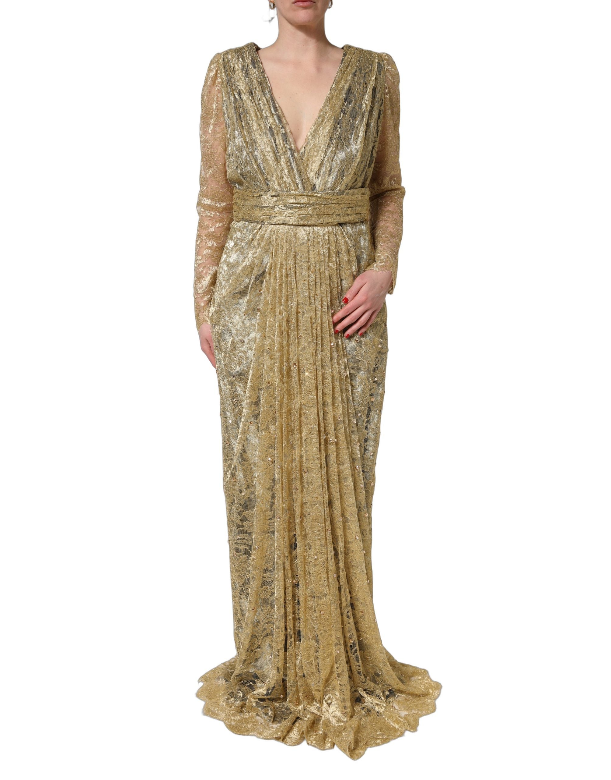 Gold Sheer Lace Crystal Embellished Dress