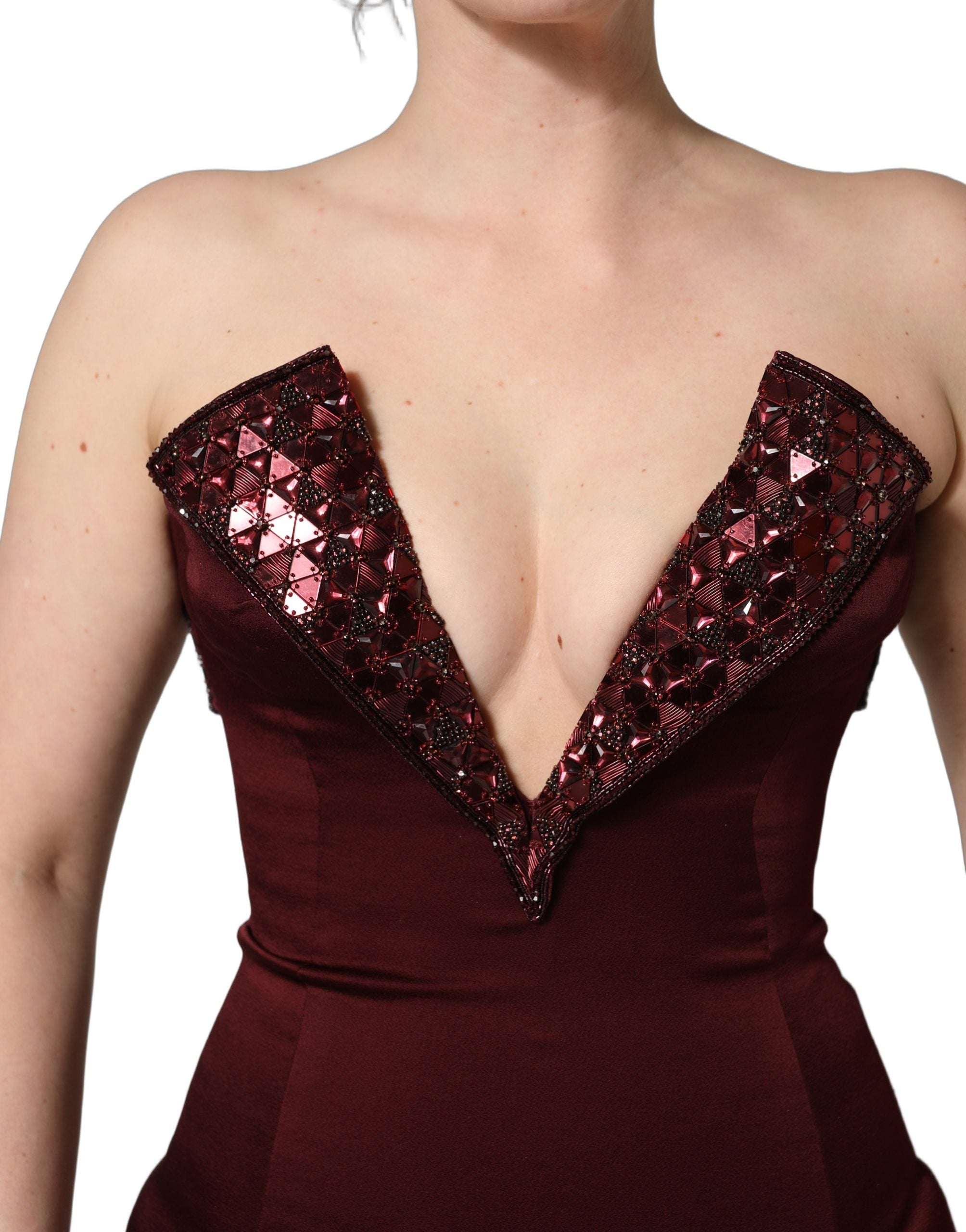 Maroon Embellished Vneck Evening Gown Dress