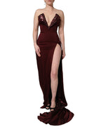 Maroon Embellished Vneck Evening Gown Dress