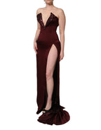Maroon Embellished Vneck Evening Gown Dress