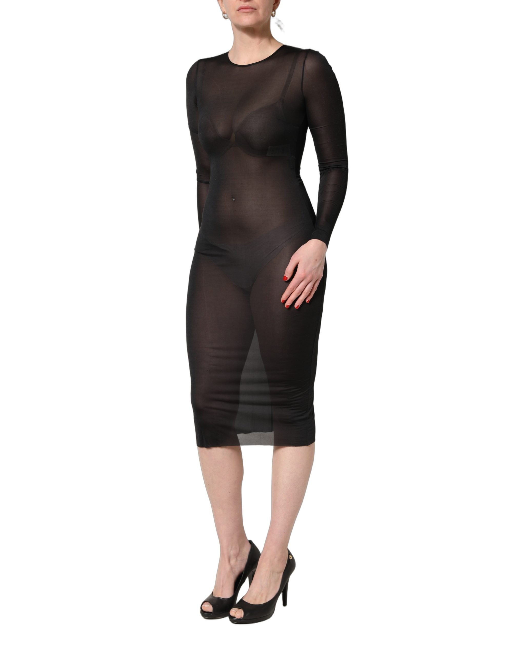 Black Sheer Long Sleeves Sheath Midi Dress