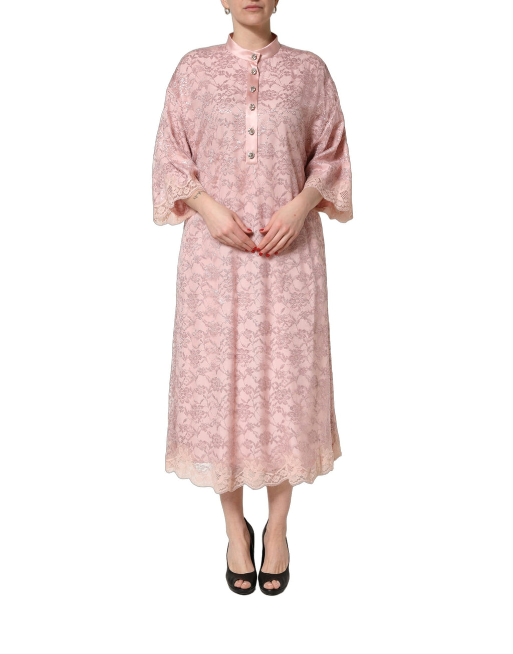Pink Corded Floral Lace Kaftan Midi Dress