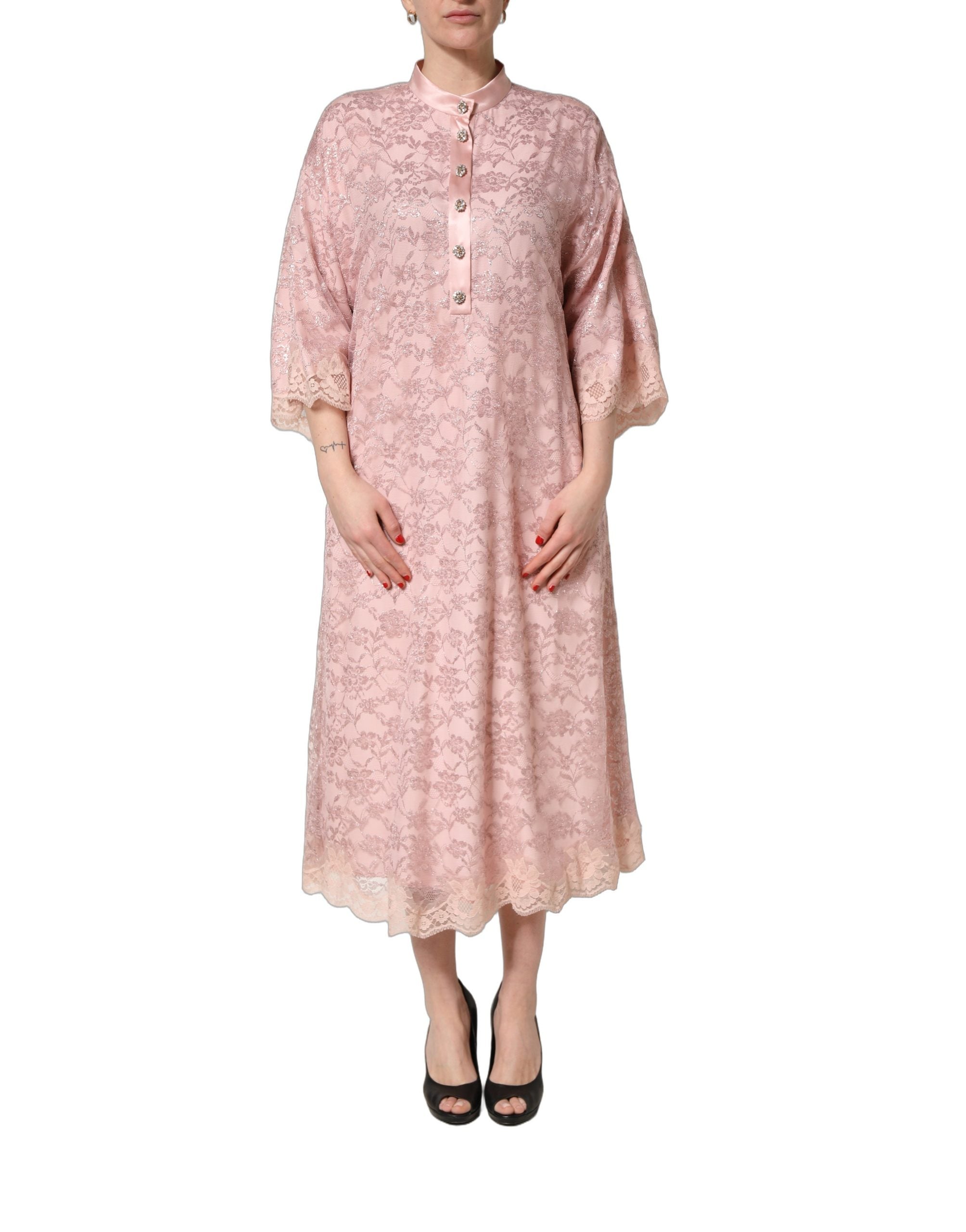 Pink Corded Floral Lace Kaftan Midi Dress