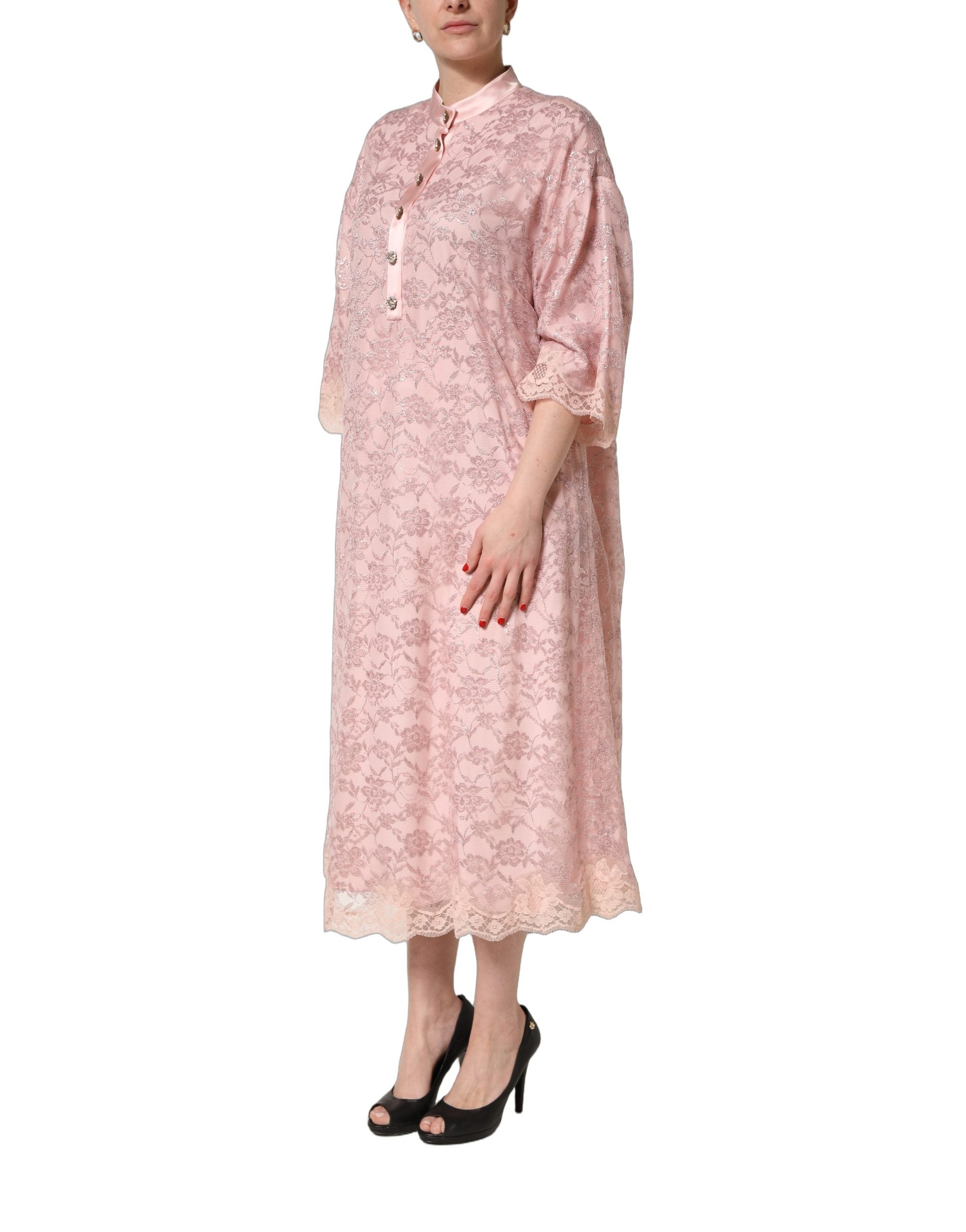 Pink Corded Floral Lace Kaftan Midi Dress