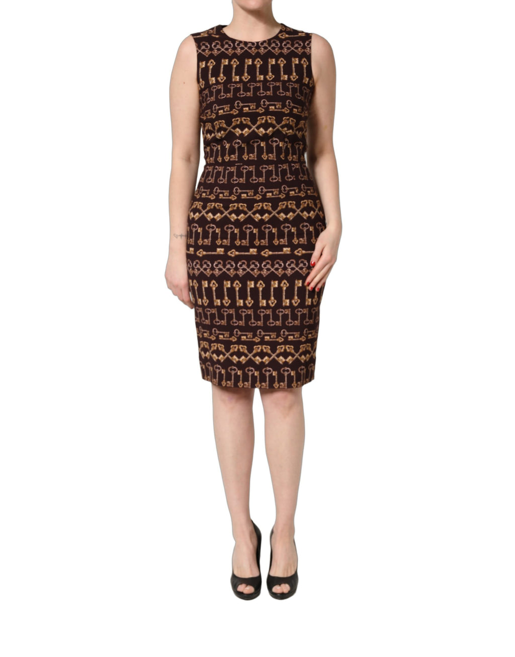 Brown Keys Fitted Sheath Knee Length Dress