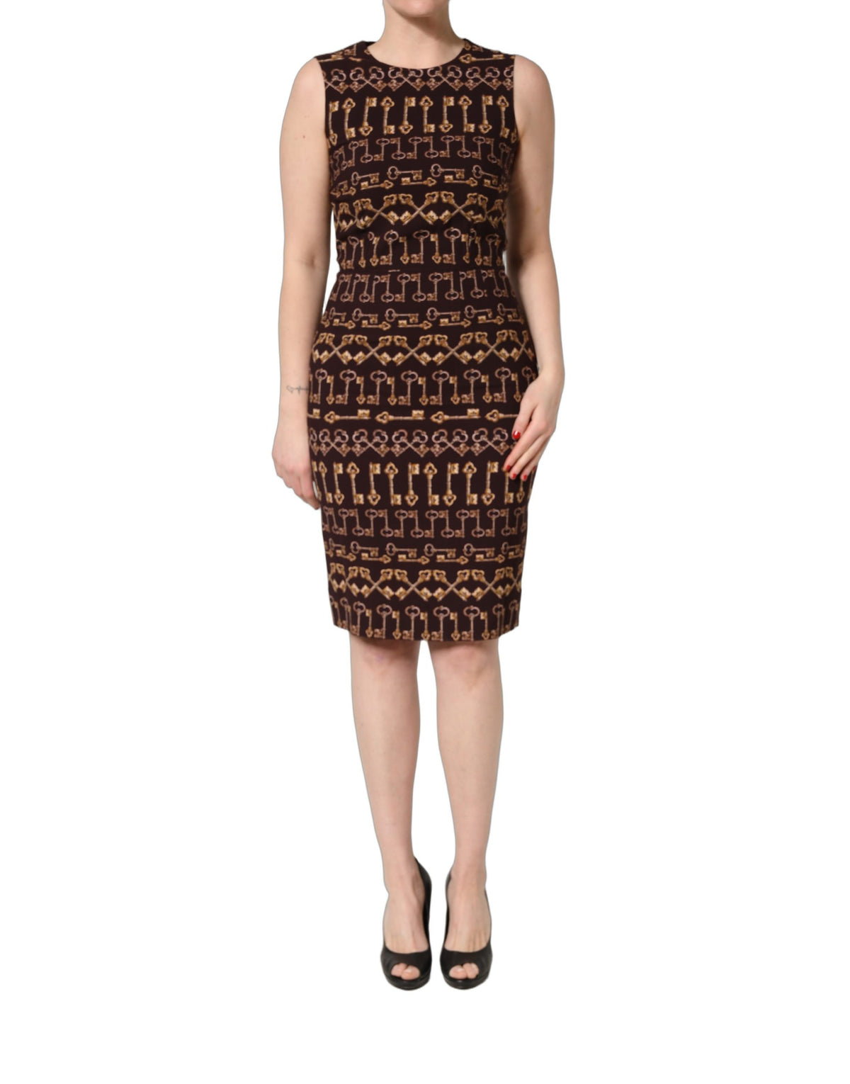 Brown Keys Fitted Sheath Knee Length Dress
