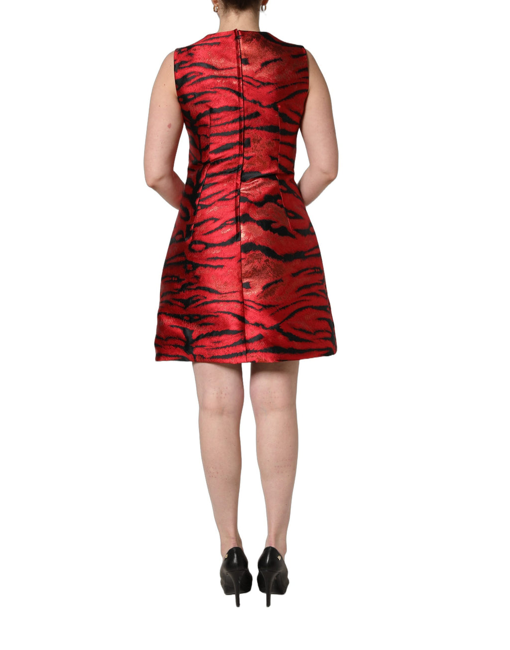 Red Black Tiger Print Jacquard Flared Dress