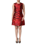 Red Black Tiger Print Jacquard Flared Dress