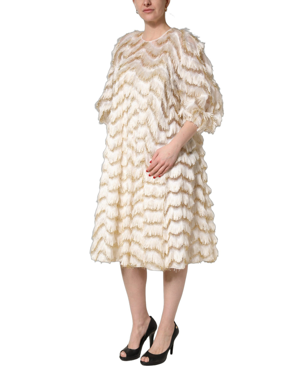 Ivory Fringe Layered Shift Midi Dress