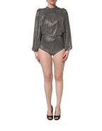 Silver Rhinestones Long Sleeves Bodysuit Mini Dress