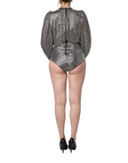 Silver Rhinestones Long Sleeves Bodysuit Mini Dress