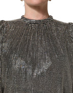 Silver Rhinestones Long Sleeves Bodysuit Mini Dress