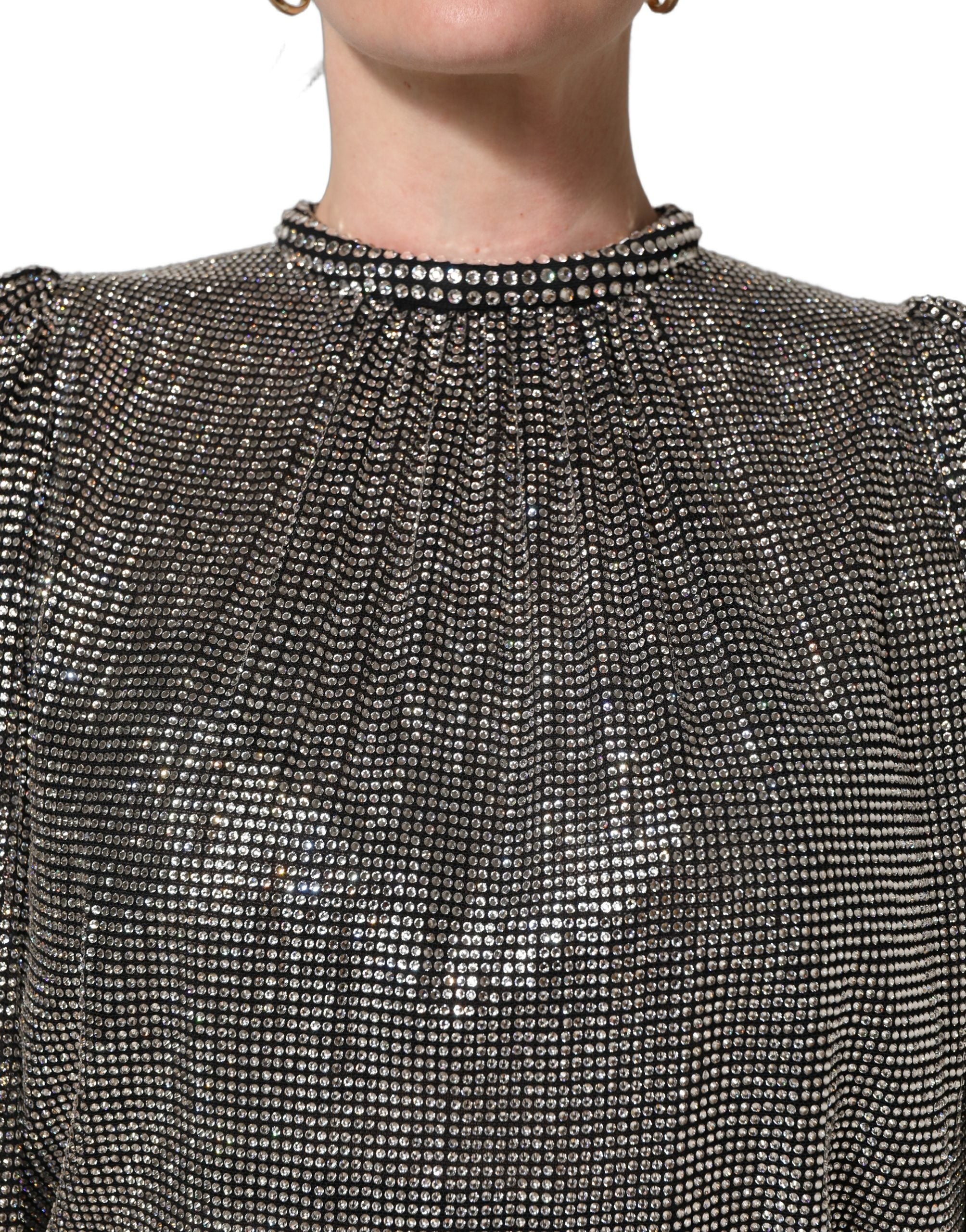 Silver Rhinestones Long Sleeves Bodysuit Mini Dress