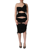 Black Jersey Calf Length Cut-Out Ruched Dress