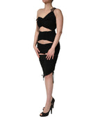 Black Jersey Calf Length Cut-Out Ruched Dress