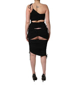 Black Jersey Calf Length Cut-Out Ruched Dress