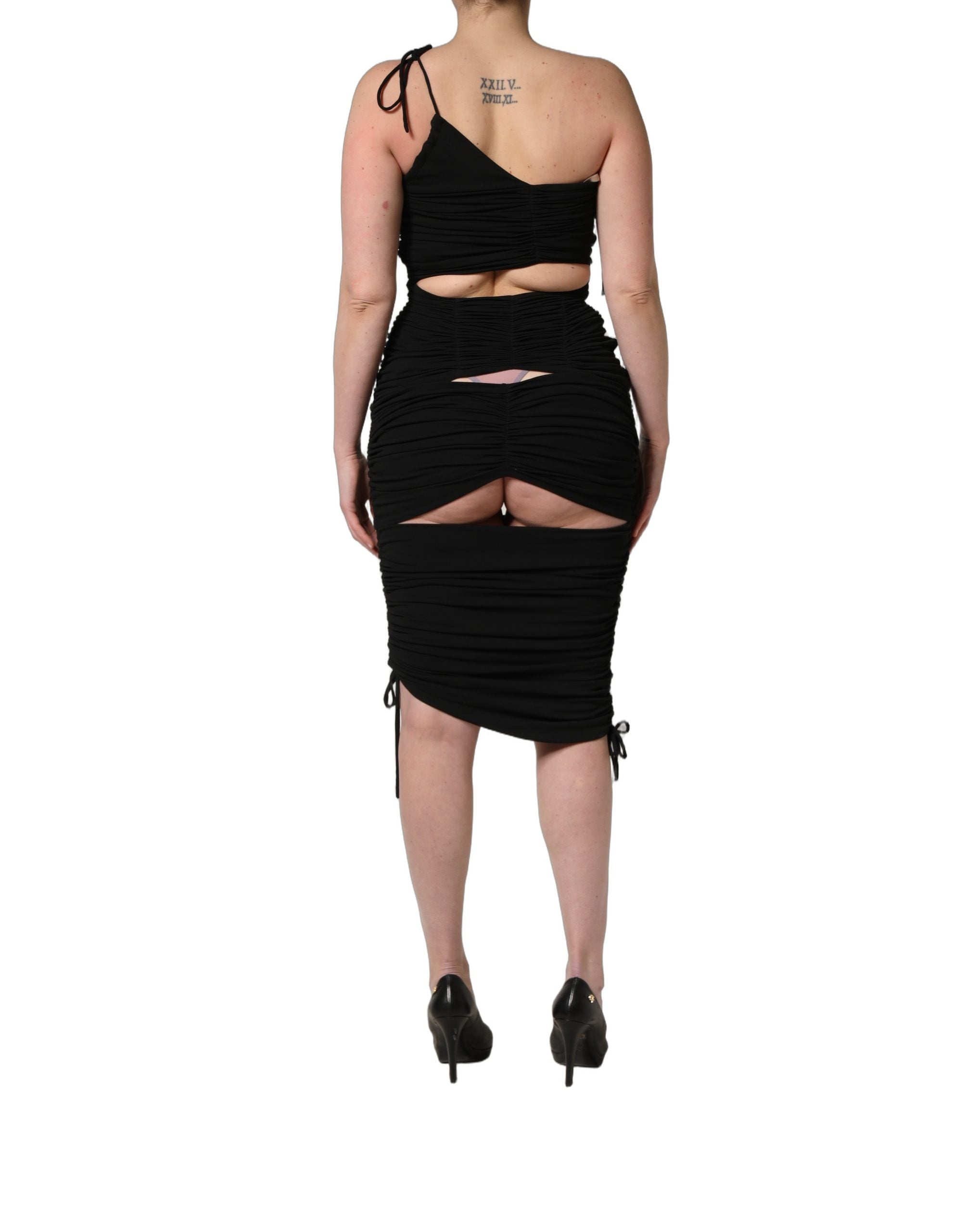Black Jersey Calf Length Cut-Out Ruched Dress