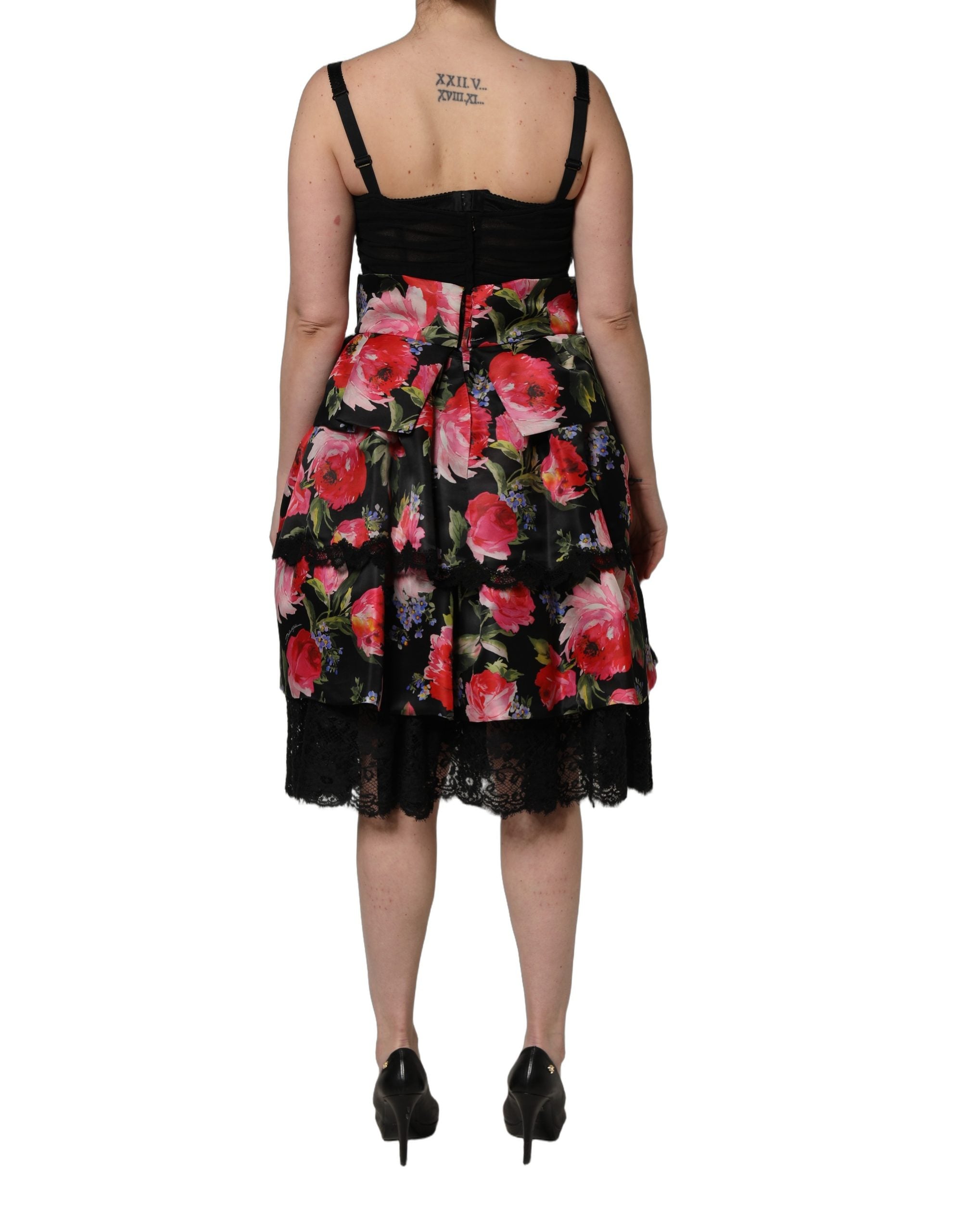 Black Sleeveless Bustier Floral Print Tiered Dress