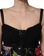 Black Sleeveless Bustier Floral Print Tiered Dress