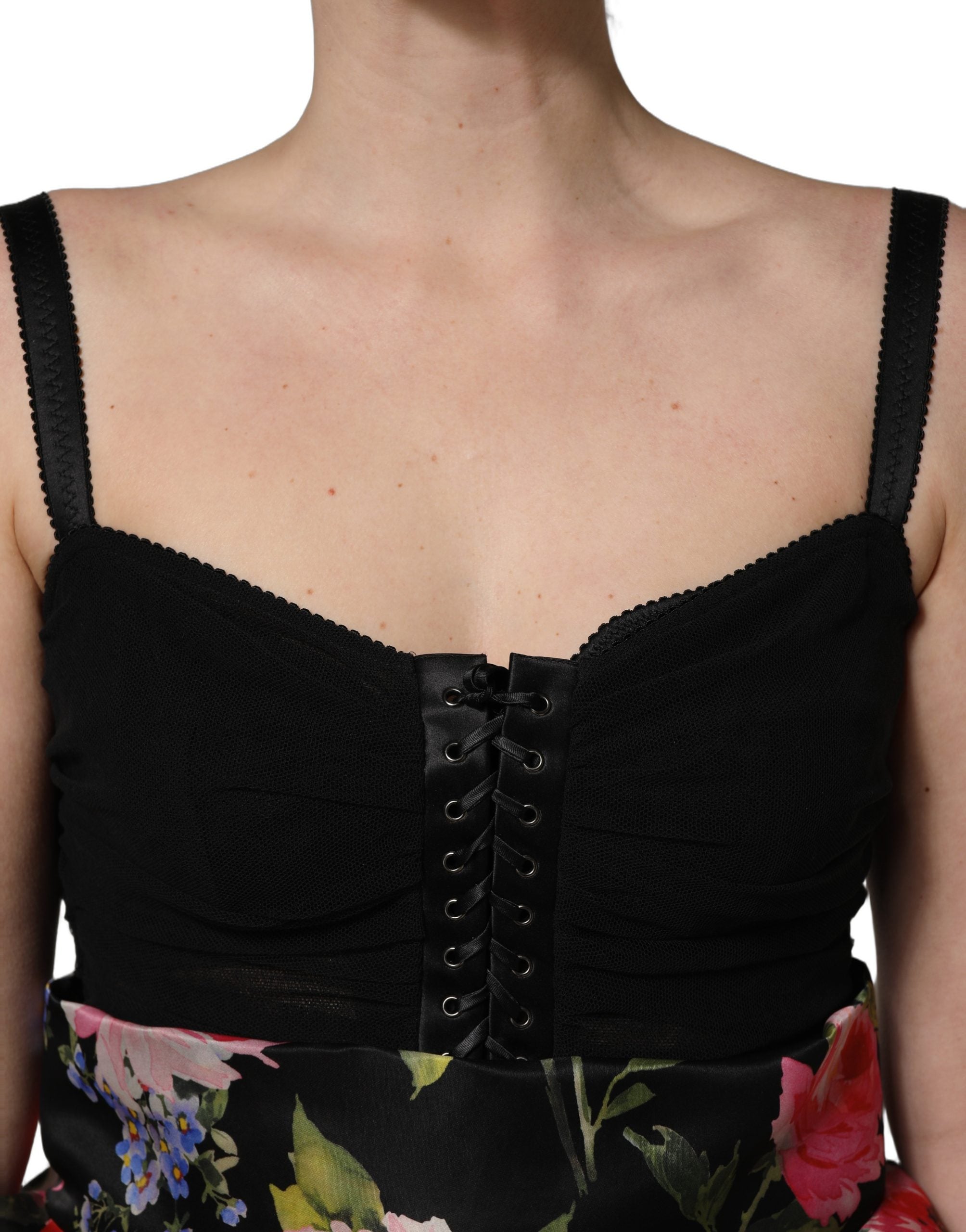 Black Sleeveless Bustier Floral Print Tiered Dress