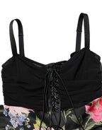 Black Sleeveless Bustier Floral Print Tiered Dress