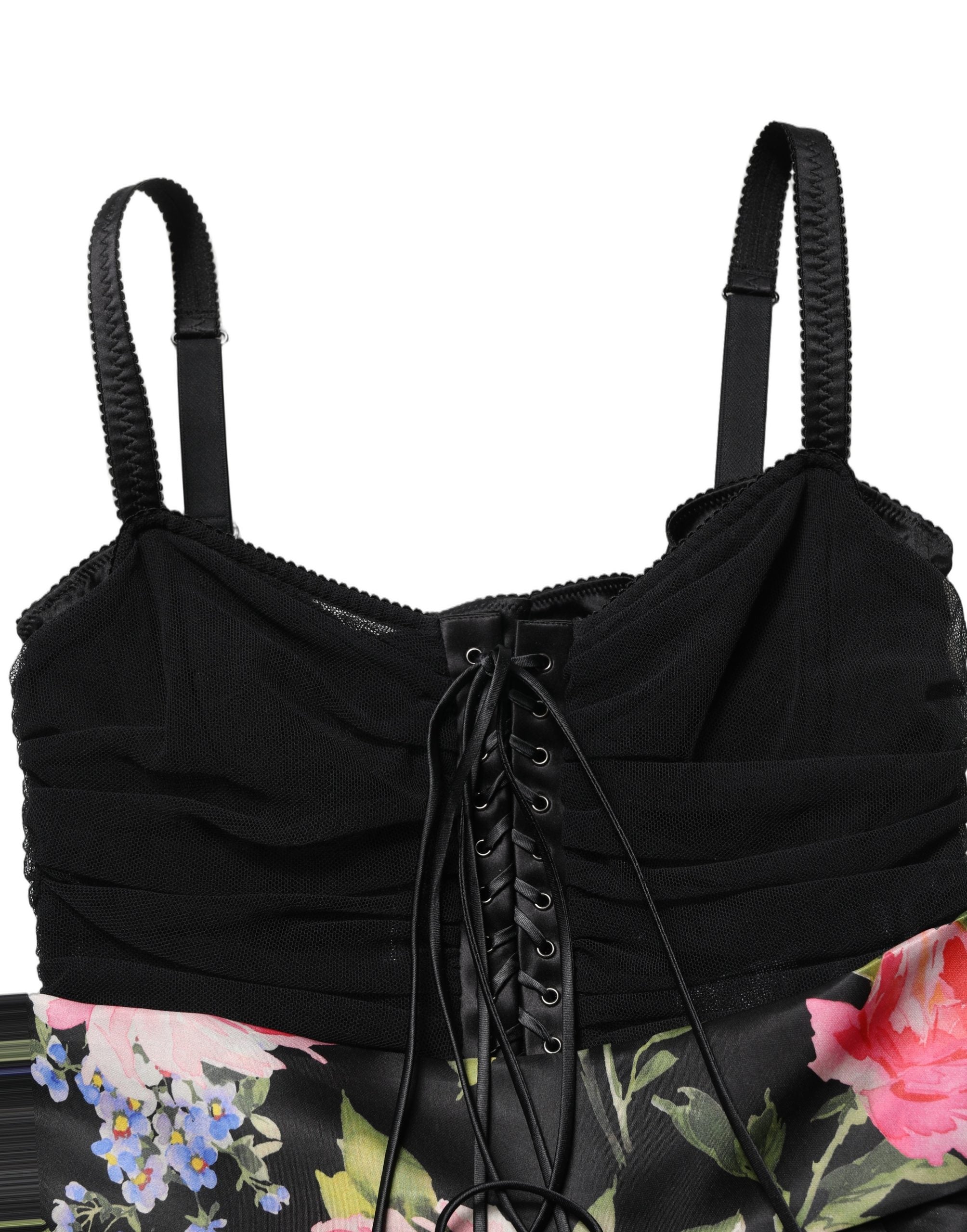 Black Sleeveless Bustier Floral Print Tiered Dress