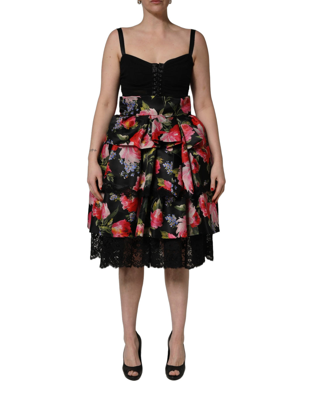 Black Sleeveless Bustier Floral Print Tiered Dress