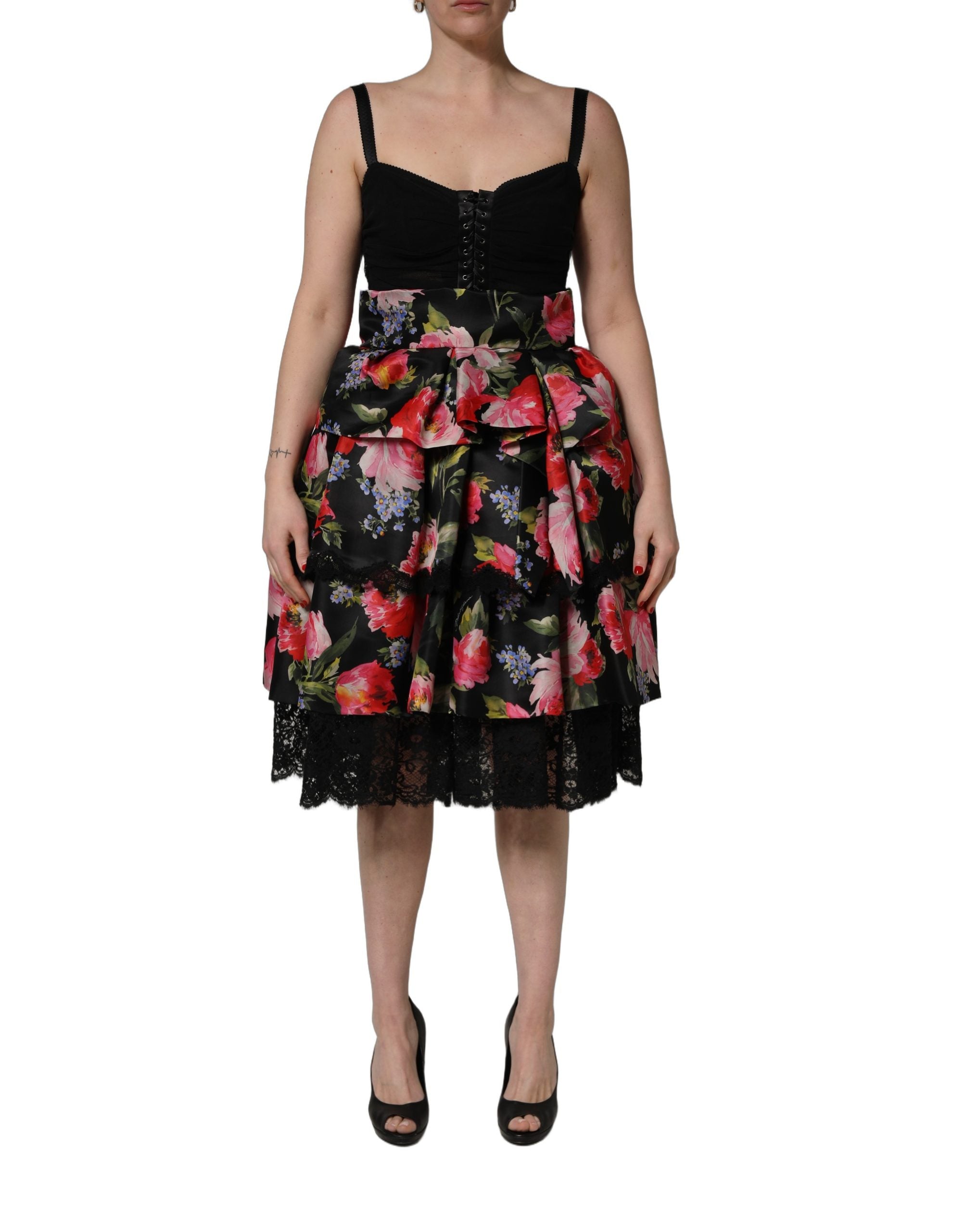 Black Sleeveless Bustier Floral Print Tiered Dress