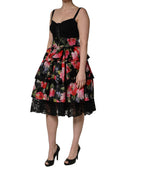 Black Sleeveless Bustier Floral Print Tiered Dress