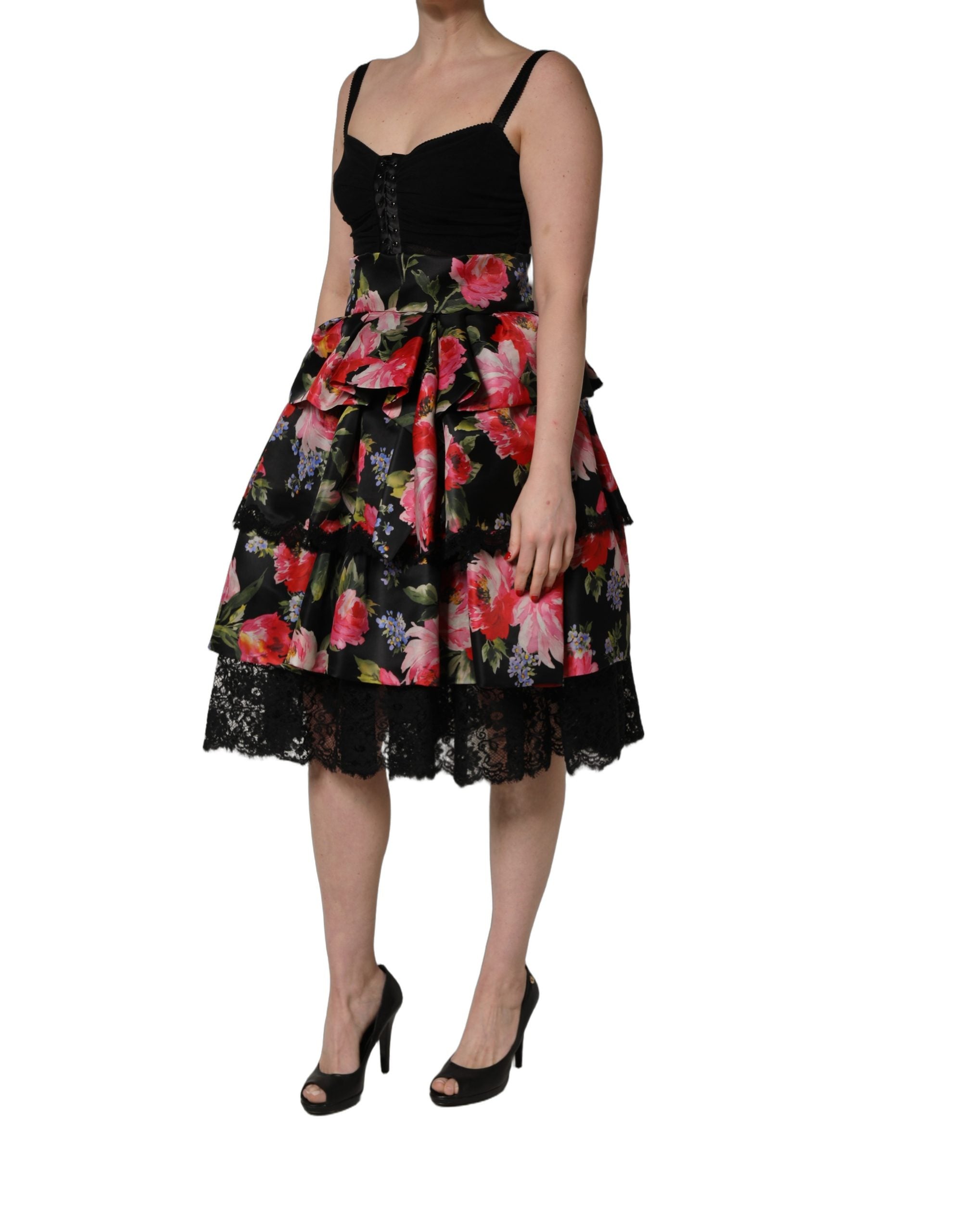Black Sleeveless Bustier Floral Print Tiered Dress