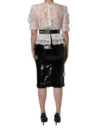 White Lace Top Embellished Black Skirt Dress