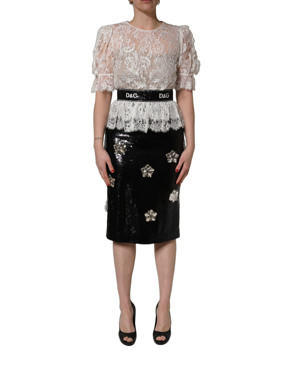 White Lace Top Embellished Black Skirt Dress