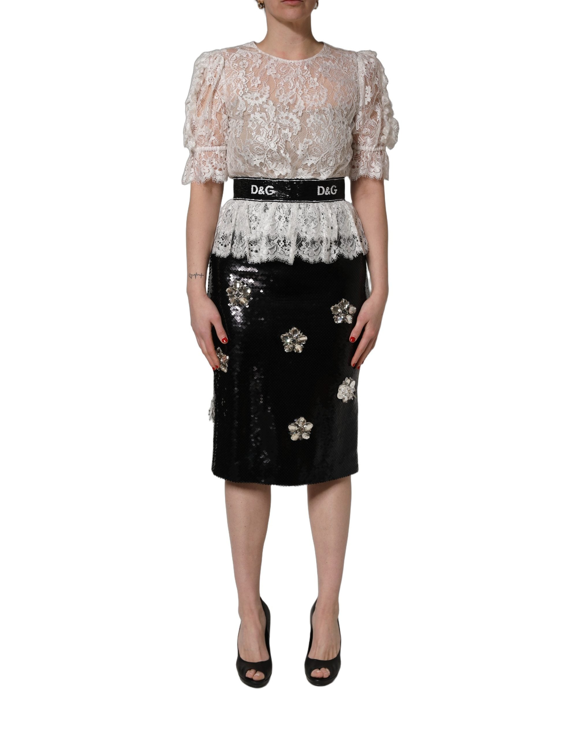 White Lace Top Embellished Black Skirt Dress