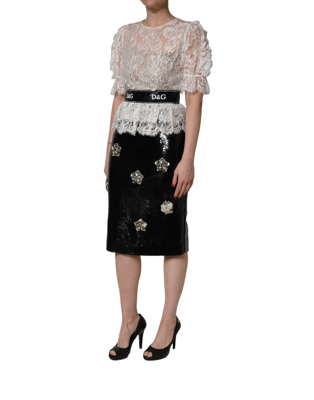 White Lace Top Embellished Black Skirt Dress