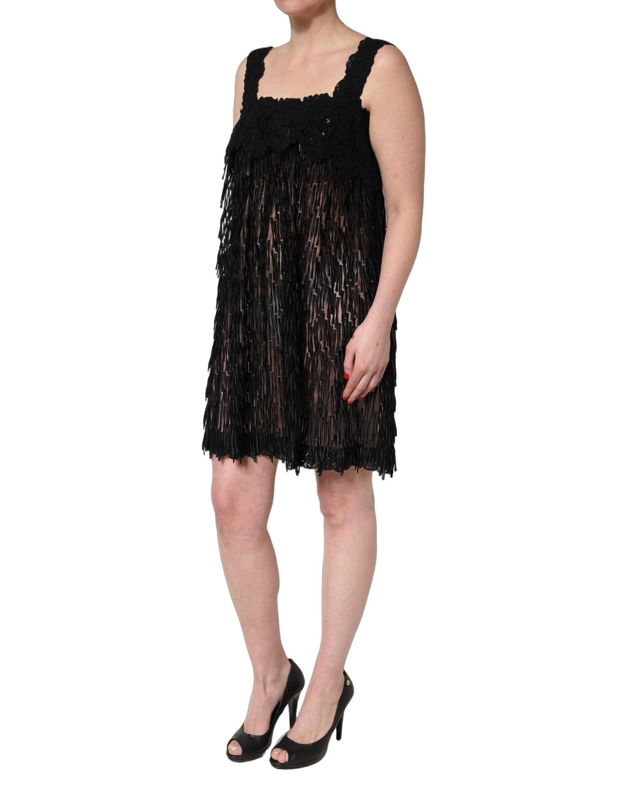 Black Viscose Fringed Sleeveless Mini Dress