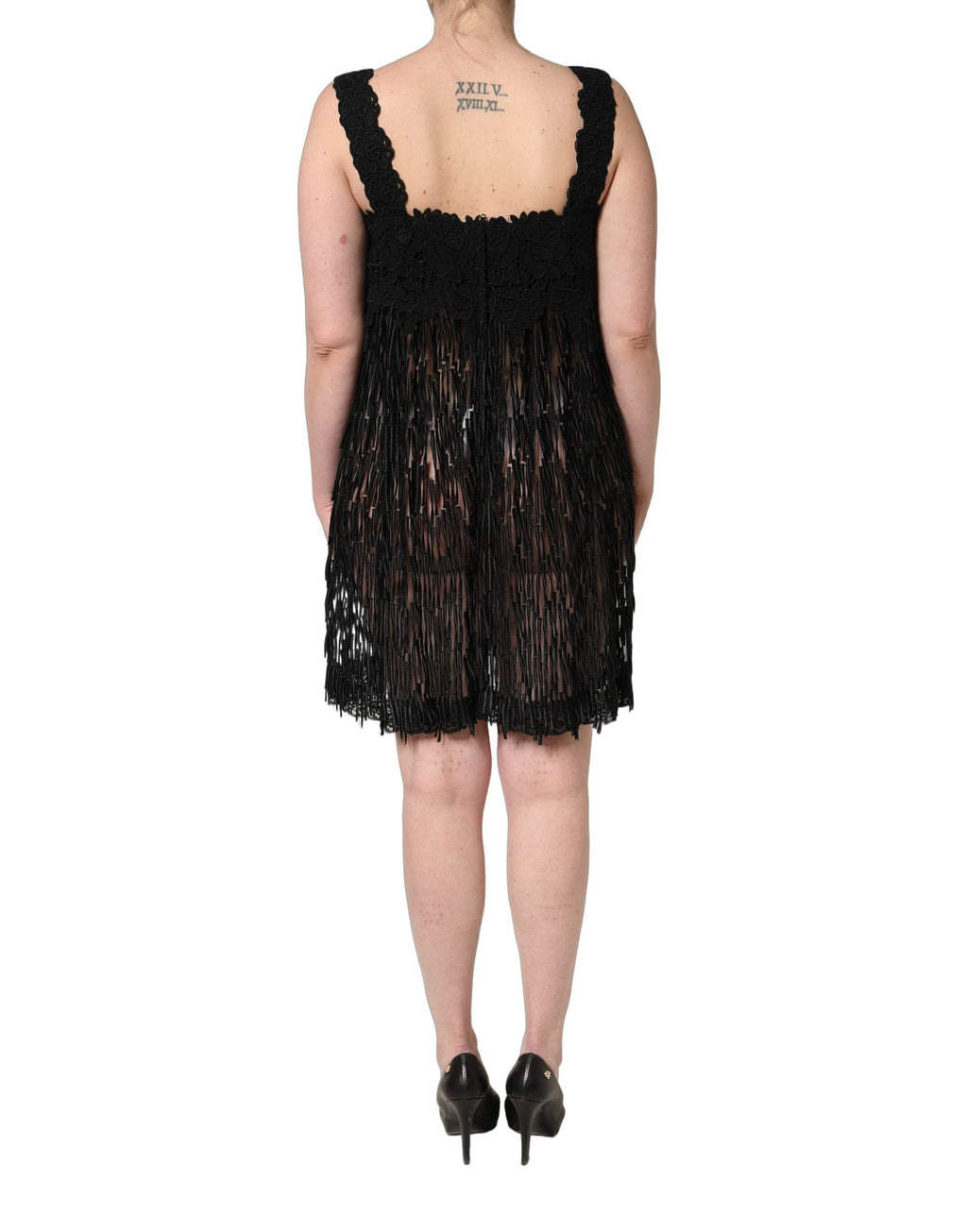 Black Viscose Fringed Sleeveless Mini Dress