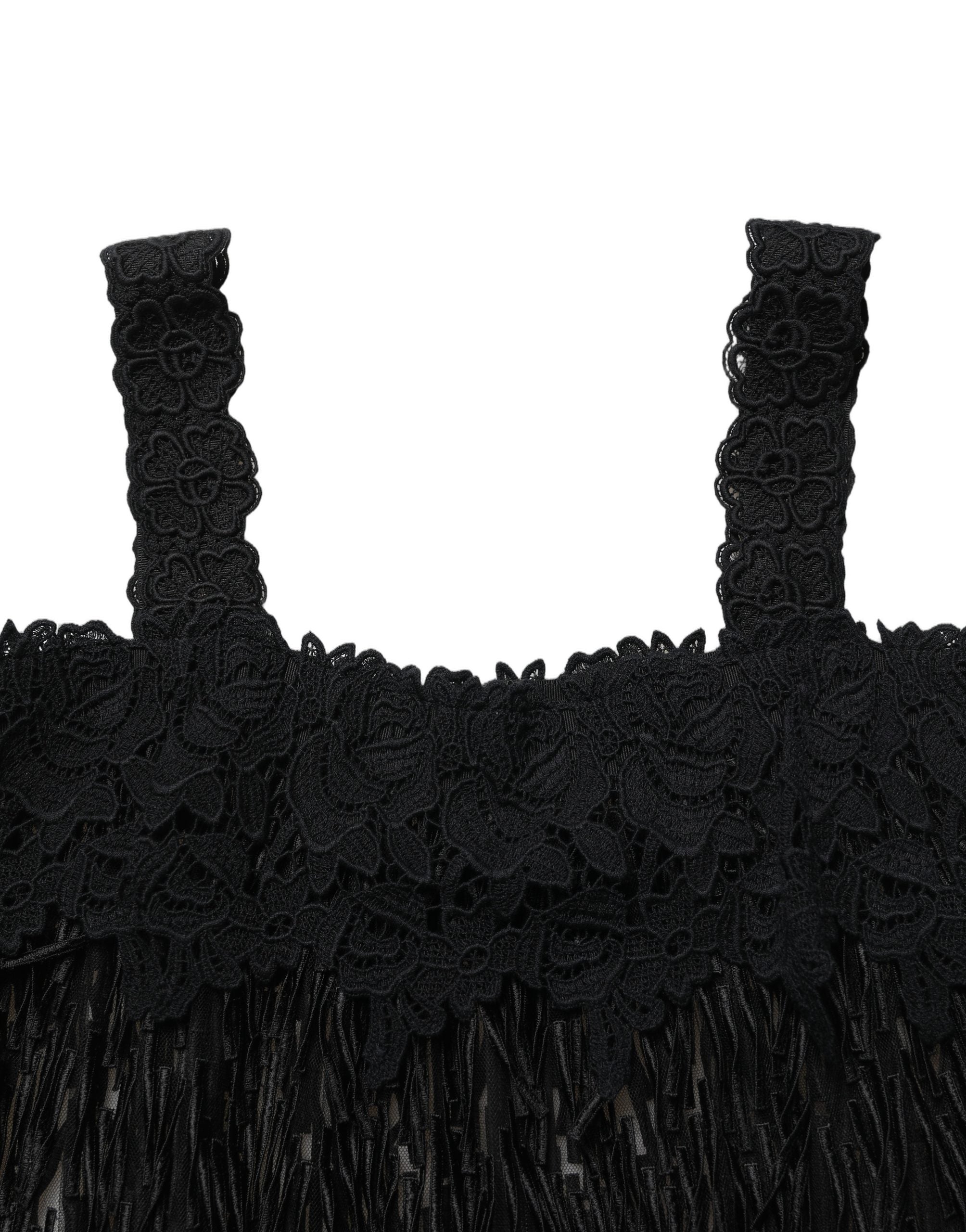 Black Viscose Fringed Sleeveless Mini Dress