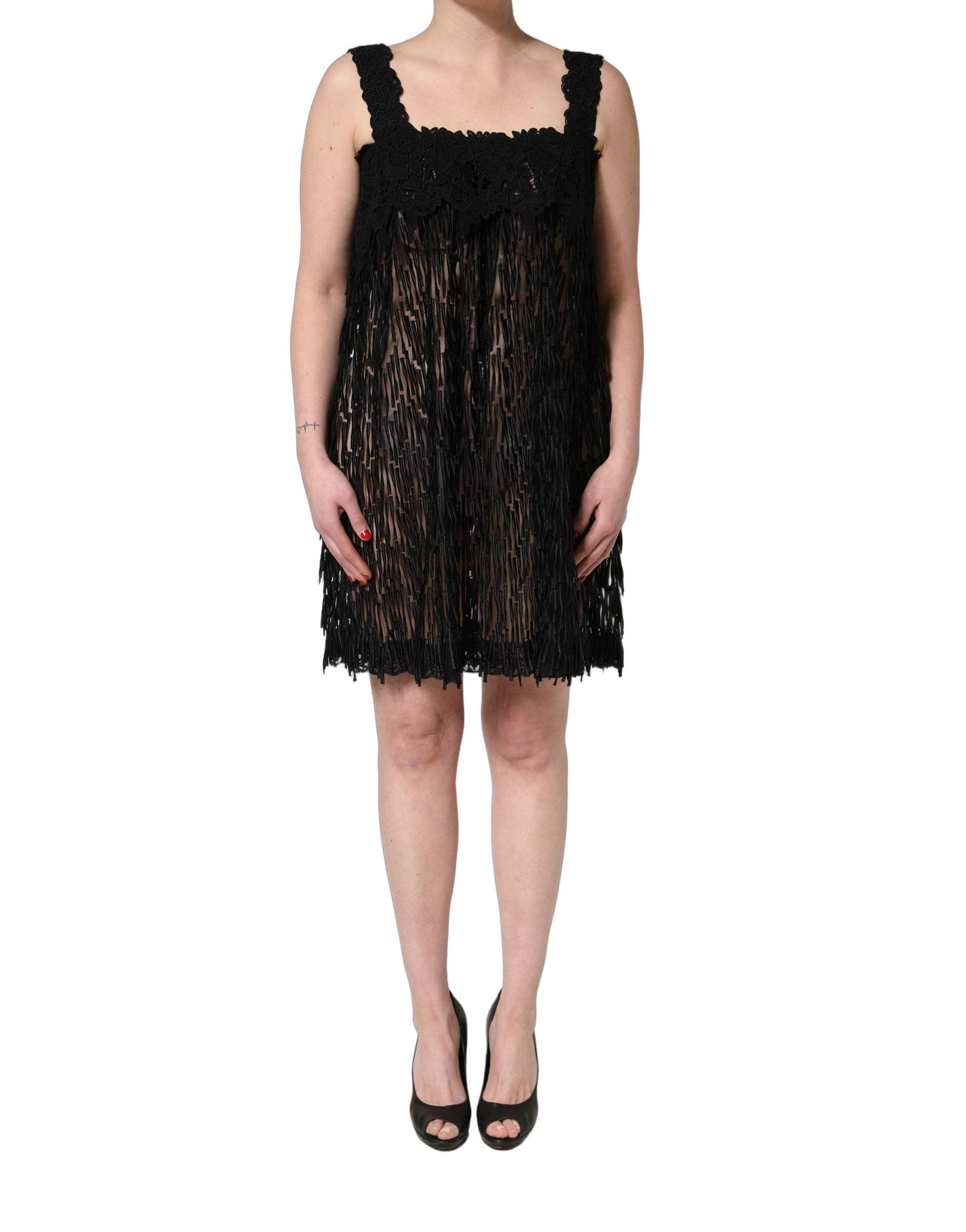 Black Viscose Fringed Sleeveless Mini Dress