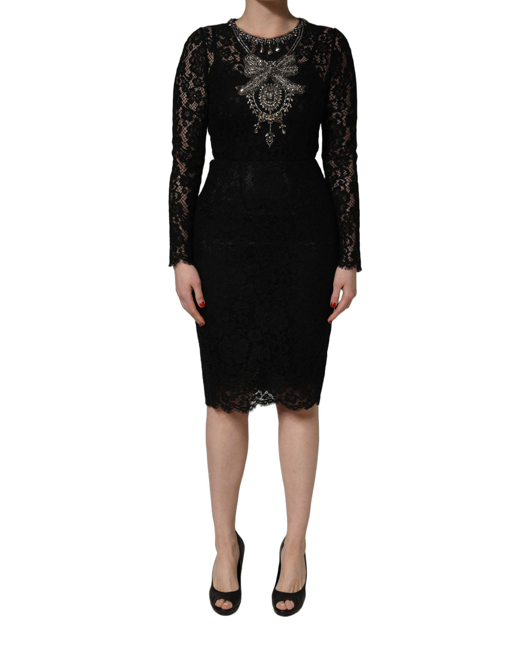 Black Crystal Embellished Sheath Midi Dress