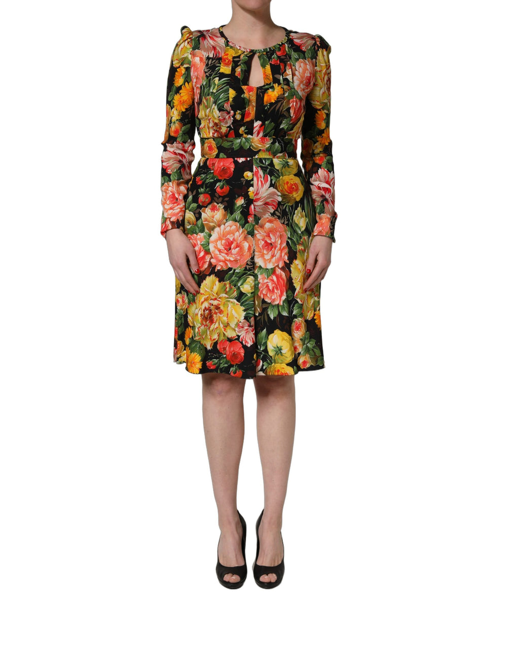 Multicolor Floral Print LongSleeve Midi Dress